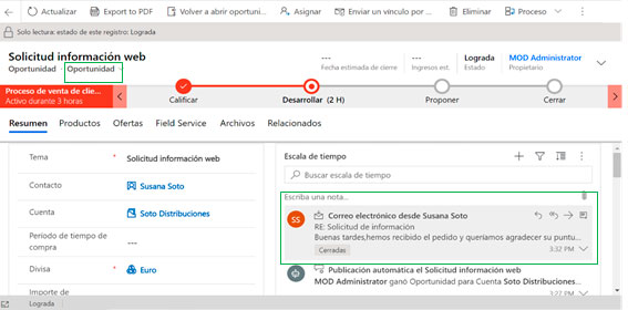 Los mails de la conversación aparecen accesibles en la escala de tiempo de la oportunidad a la que se refieren